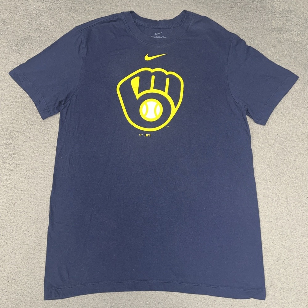 The Nike Tee Milwaukee Brewers T Shirt Men's Sz S Blue Center Swoosh N199P-44B‎